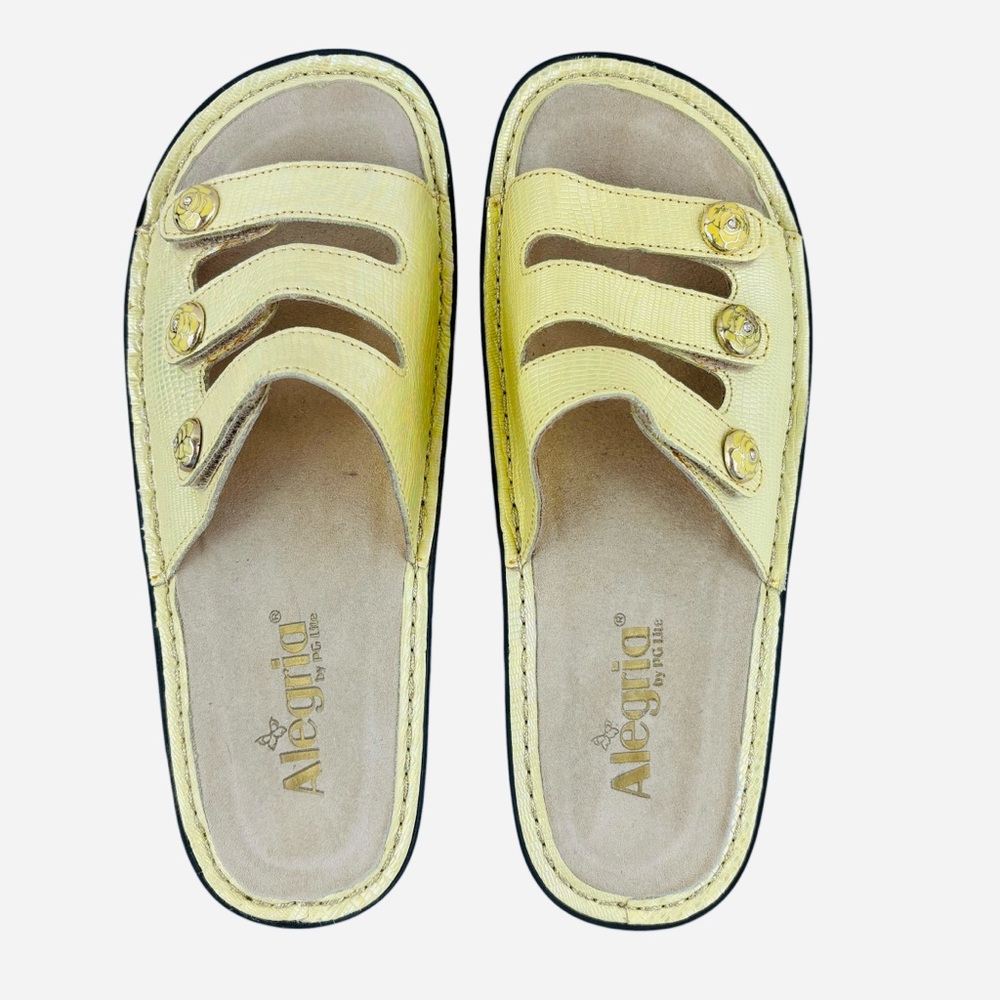 Alegria Fiona Soft Yellow Leather Iridescent Comfort Slip On Sandals 38 - Picture 7 of 10